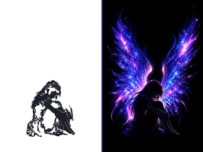 Tap and hold image का before-and-after: सफेद timeline पर सिर्फ silhouette, tap-and-hold पर रंगीन angel wings